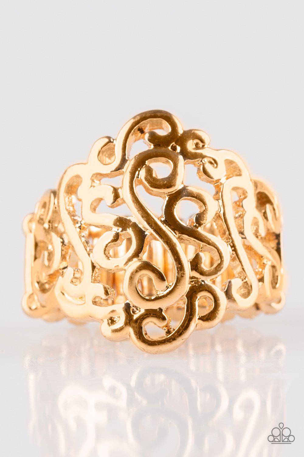 Dizzy Demure Gold Filigree Ring - Paparazzi Accessories- lightbox - CarasShop.com - Paparazzi Jewelry by Cara Jewels