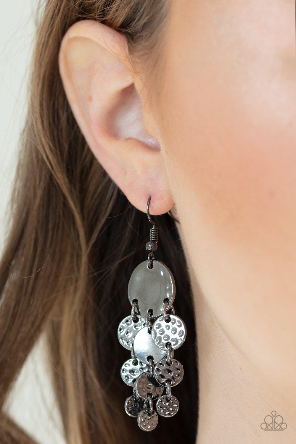 Do Chime In Gunmetal Black Earrings - Paparazzi Accessories- on model - CarasShop.com - Paparazzi Jewelry by Cara Jewels