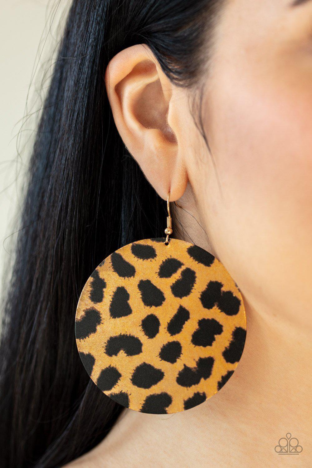 Doing GRR-eat Brown and Gold Animal Print Earrings - Paparazzi Accessories- on model - CarasShop.com - Paparazzi Jewelry by Cara Jewels