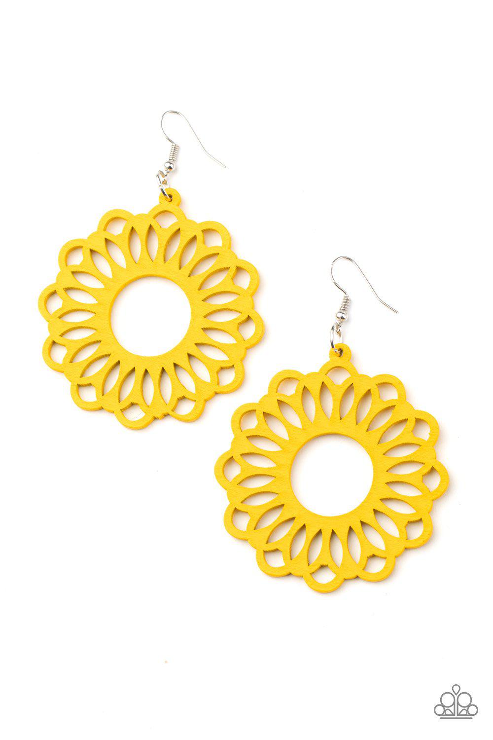 Dominican Daisy Yellow Wood Earrings - Paparazzi Accessories- lightbox - CarasShop.com - Paparazzi Jewelry by Cara Jewels