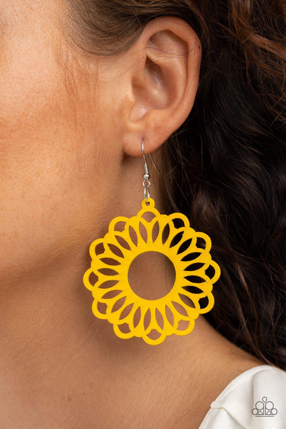Dominican Daisy Yellow Wood Earrings - Paparazzi Accessories- on model - CarasShop.com - Paparazzi Jewelry by Cara Jewels