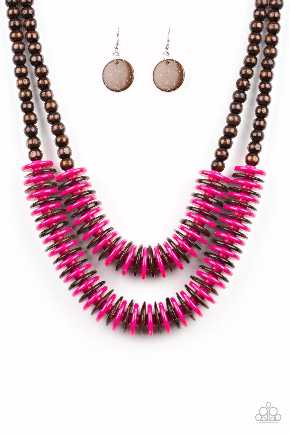 Dominican Disco Pink and Brown Wood Necklace - Paparazzi Accessories- lightbox - CarasShop.com - Paparazzi Jewelry by Cara Jewels