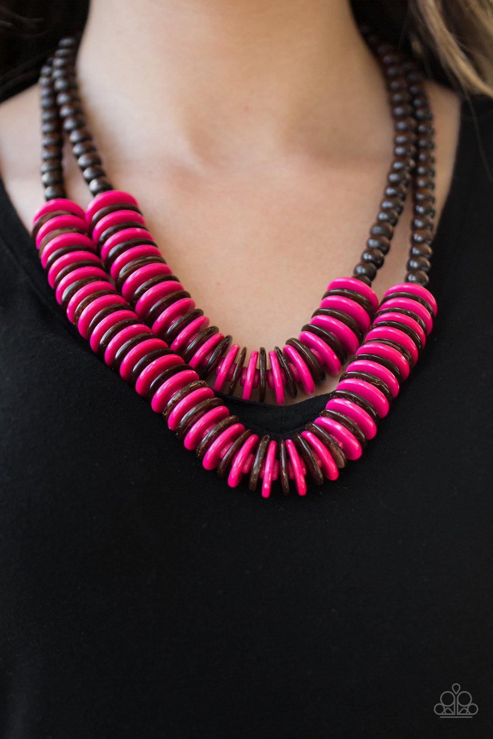 Dominican Disco Pink and Brown Wood Necklace - Paparazzi Accessories- on model - CarasShop.com - Paparazzi Jewelry by Cara Jewels