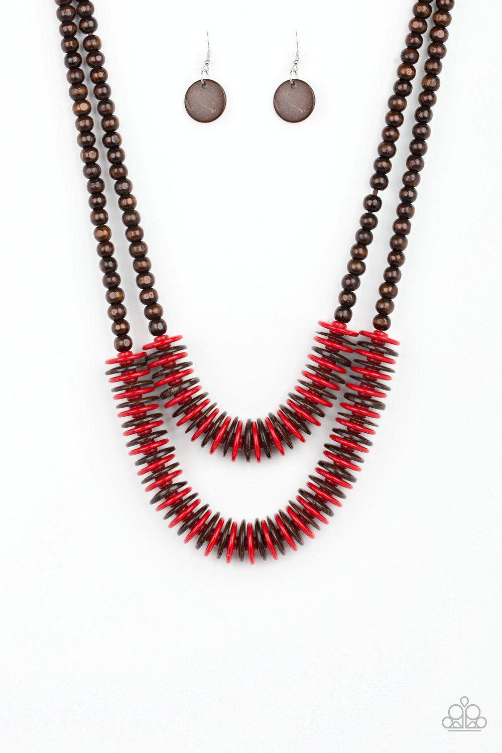 Dominican Disco Red and Brown Wood Necklace - Paparazzi Accessories- lightbox - CarasShop.com - Paparazzi Jewelry by Cara Jewels