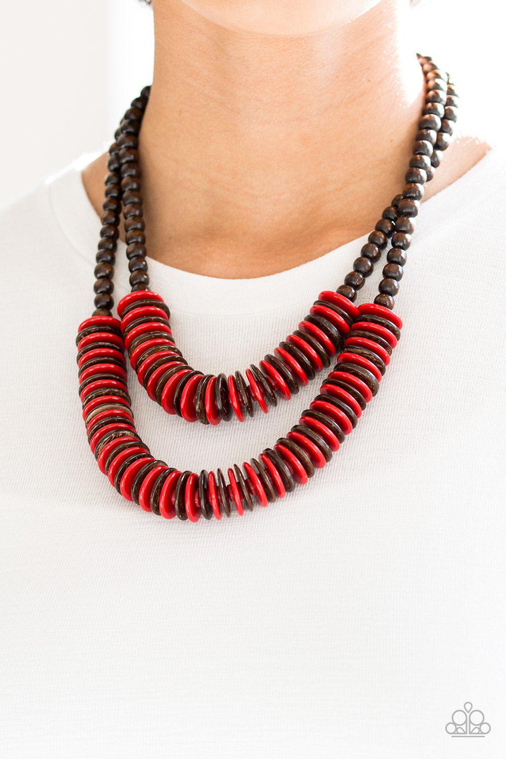 Dominican Disco Red and Brown Wood Necklace - Paparazzi Accessories- on model - CarasShop.com - Paparazzi Jewelry by Cara Jewels