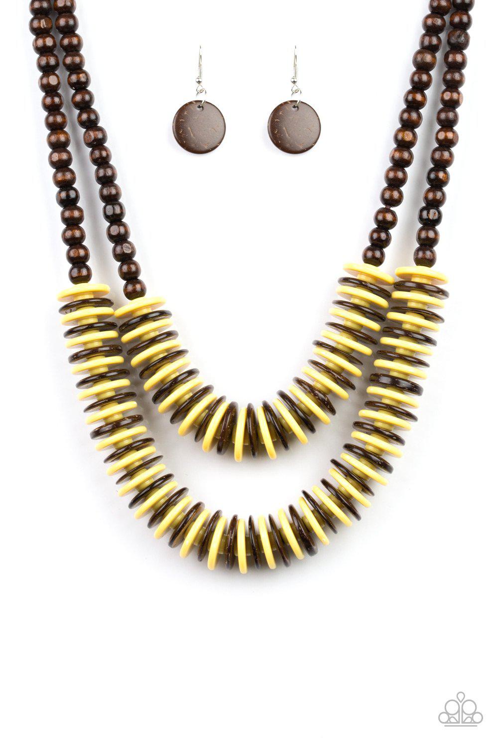 Dominican Disco Yellow and Brown Wood Necklace and matching Earrings - Paparazzi Accessories- lightbox - CarasShop.com - Paparazzi Jewelry by Cara Jewels
