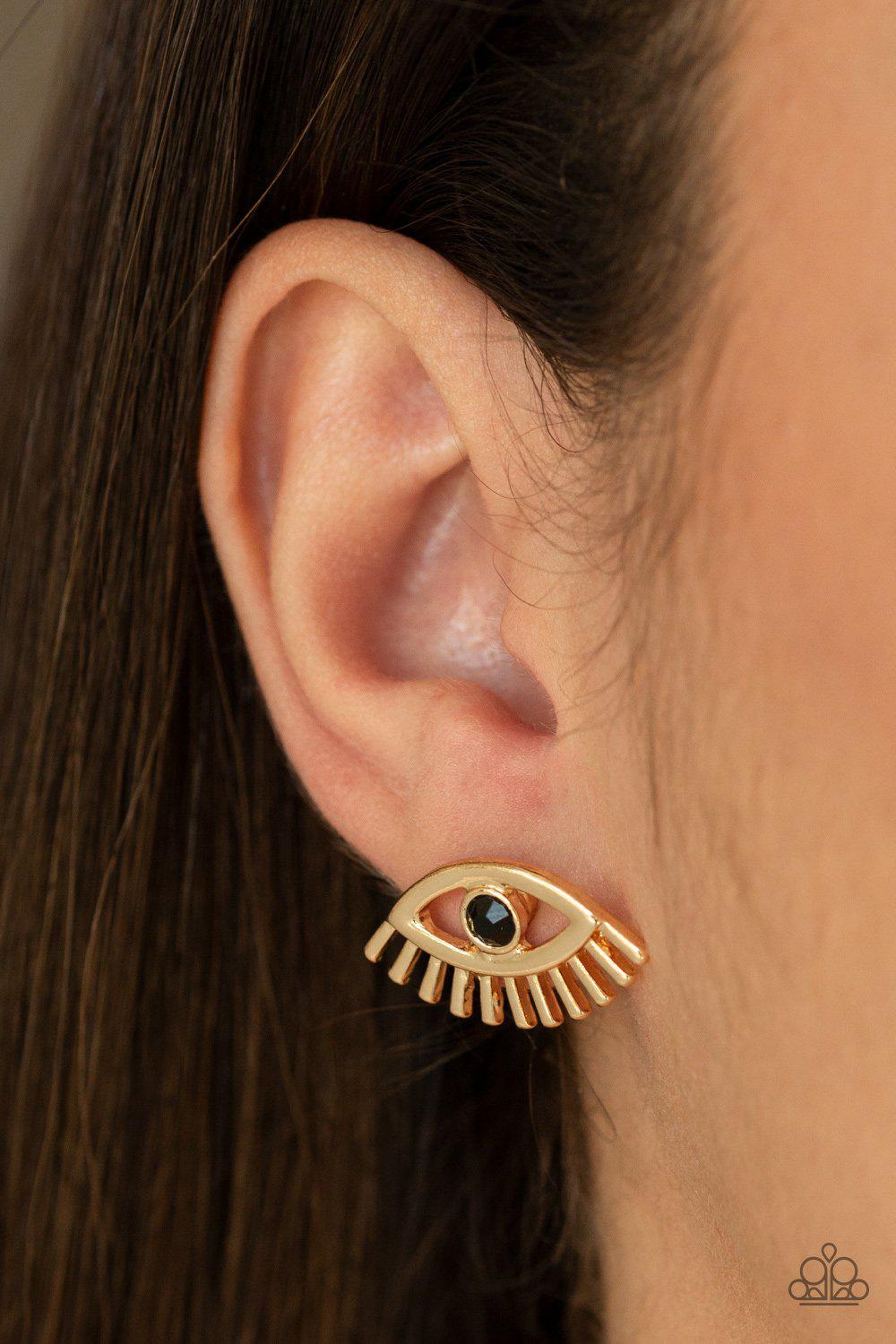 Don't Blink Gold Post Earrings - Paparazzi Accessories- on model - CarasShop.com - Paparazzi Jewelry by Cara Jewels