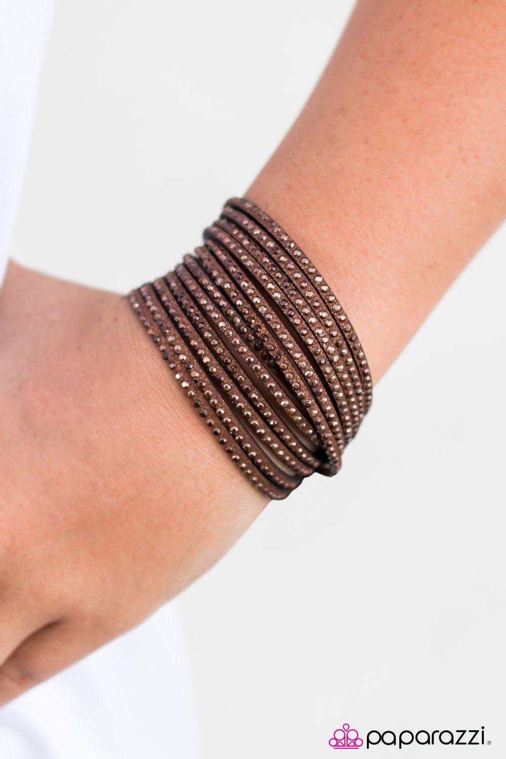 Don't Eat The Glitter Brown Double-wrap Snap Bracelet - Paparazzi Accessories- on model - CarasShop.com - Paparazzi Jewelry by Cara Jewels