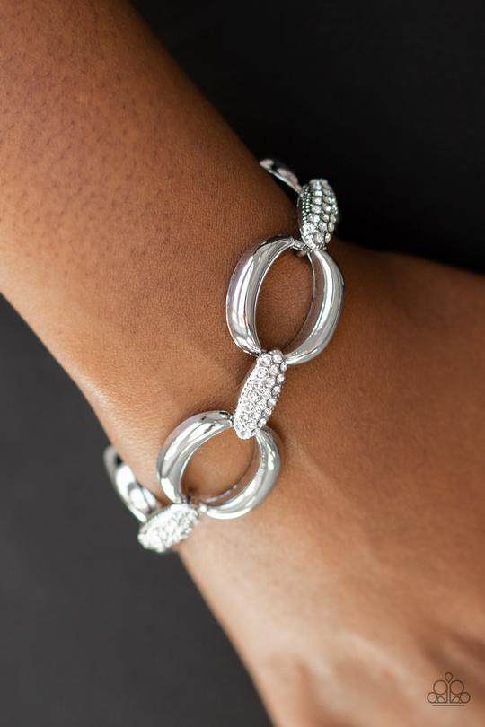 Don't Forget Who's Boss Silver and White Rhinestone Chain Link Bracelet - Paparazzi Accessories- on model - CarasShop.com - Paparazzi Jewelry by Cara Jewels