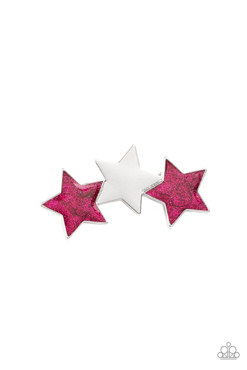 Don't Get Me STAR-ted! Pink Glitter Hair Clip - Paparazzi Accessories- on model - CarasShop.com - Paparazzi Jewelry by Cara Jewels