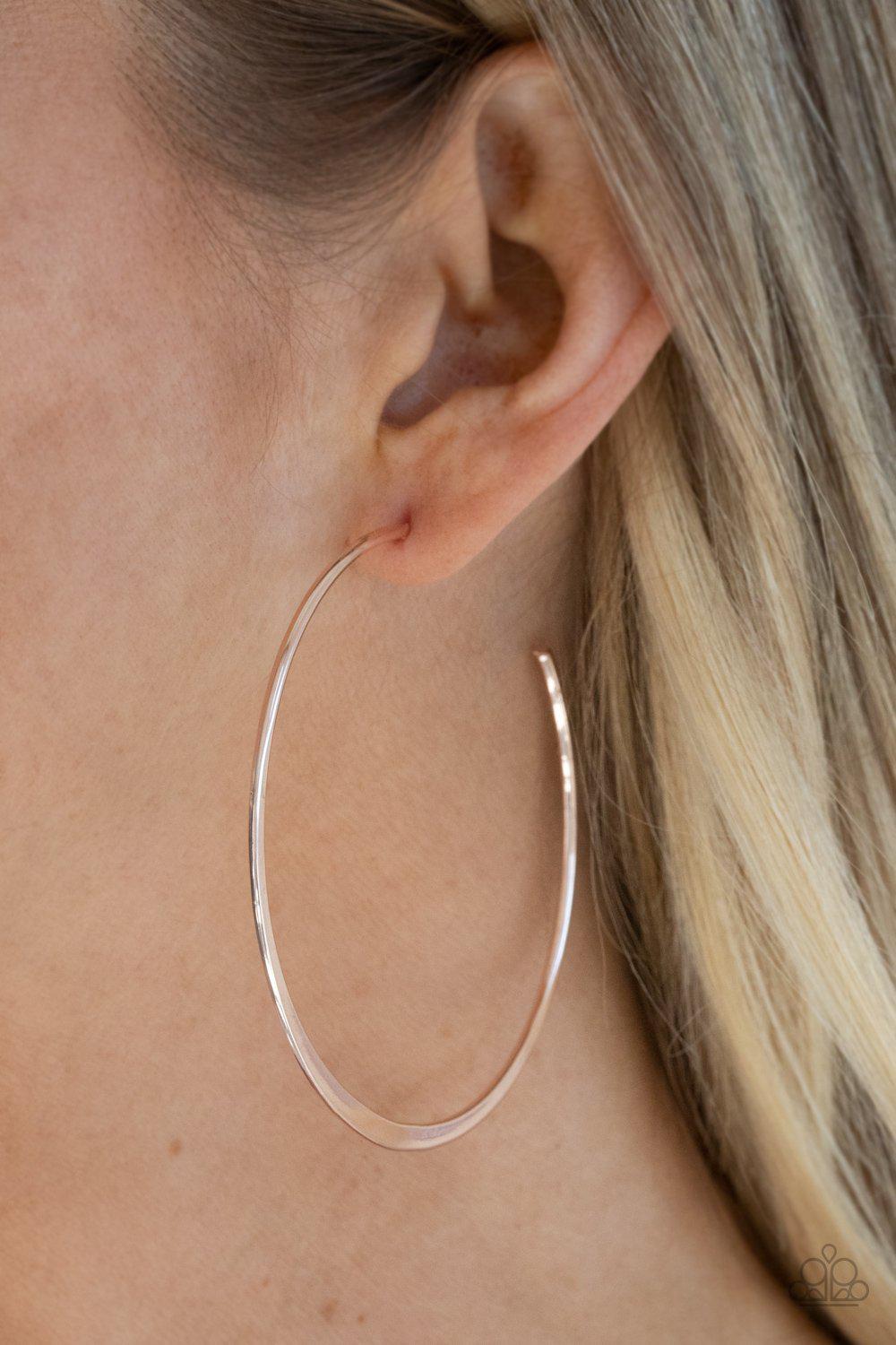Don't Lose Your Edge Rose Gold Hoop Earrings - Paparazzi Accessories- on model - CarasShop.com - Paparazzi Jewelry by Cara Jewels