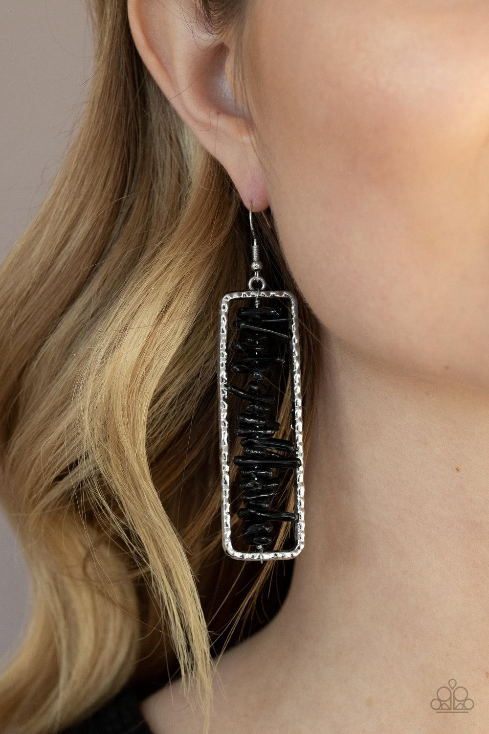 Don't Quarry Be Happy Black Stone Earrings - Paparazzi Accessories- on model - CarasShop.com - Paparazzi Jewelry by Cara Jewels