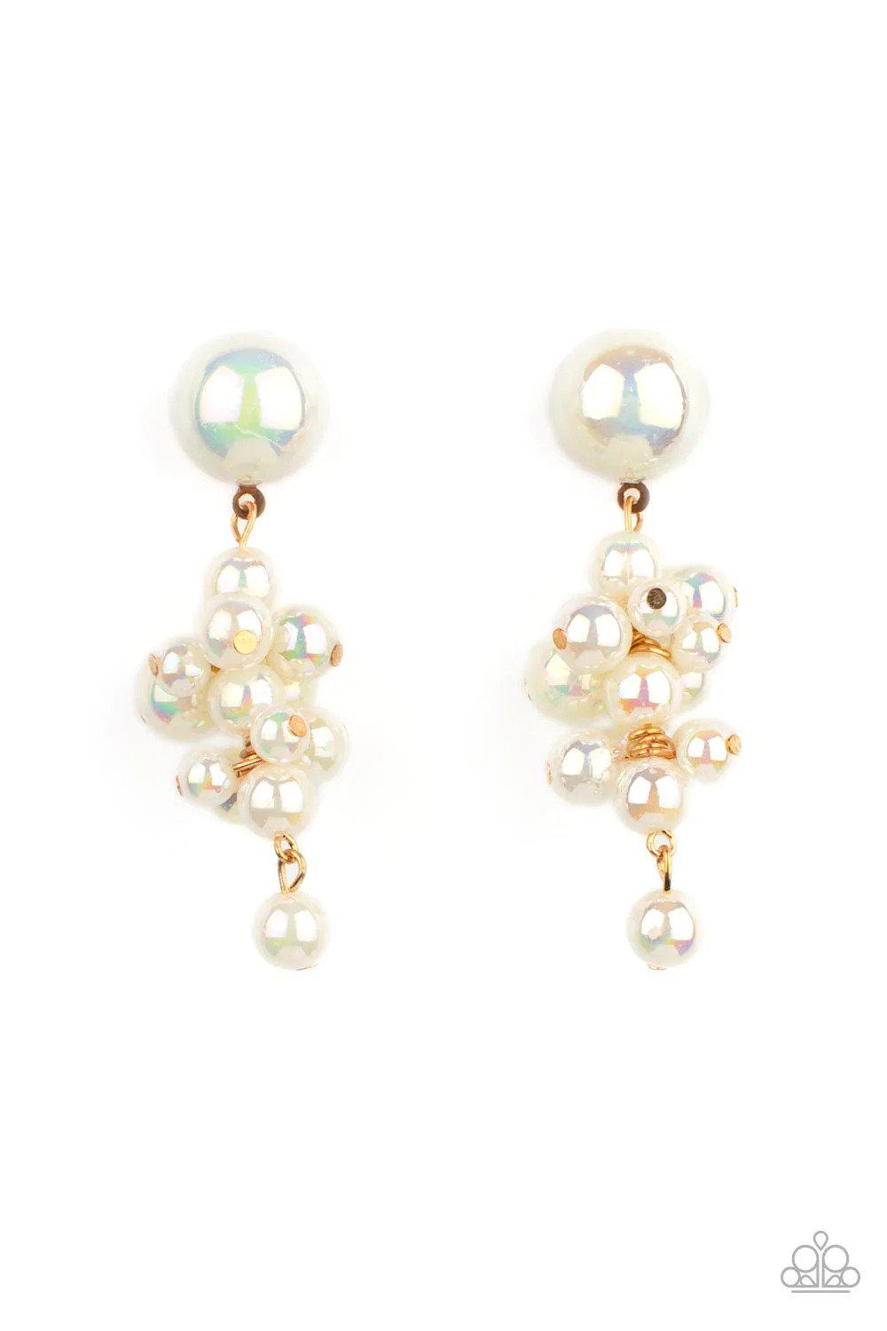 Don't Rock The YACHT Gold & Iridescent White Pearl Earrings - Paparazzi Accessories- lightbox - CarasShop.com - Paparazzi Jewelry by Cara Jewels