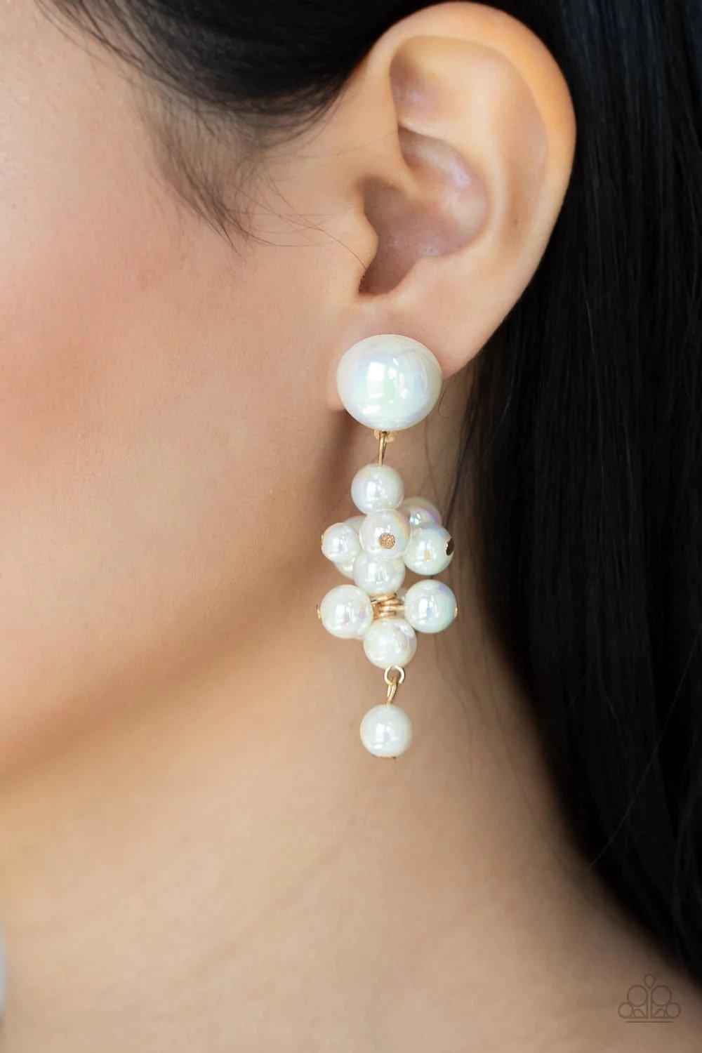 Don't Rock The YACHT Gold & Iridescent White Pearl Earrings - Paparazzi Accessories- on model - CarasShop.com - Paparazzi Jewelry by Cara Jewels