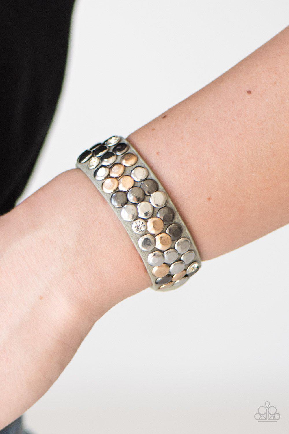 Don't Step On A Crack Gray Leather Urban Wrap Snap Bracelet - Paparazzi Accessories- on model - CarasShop.com - Paparazzi Jewelry by Cara Jewels