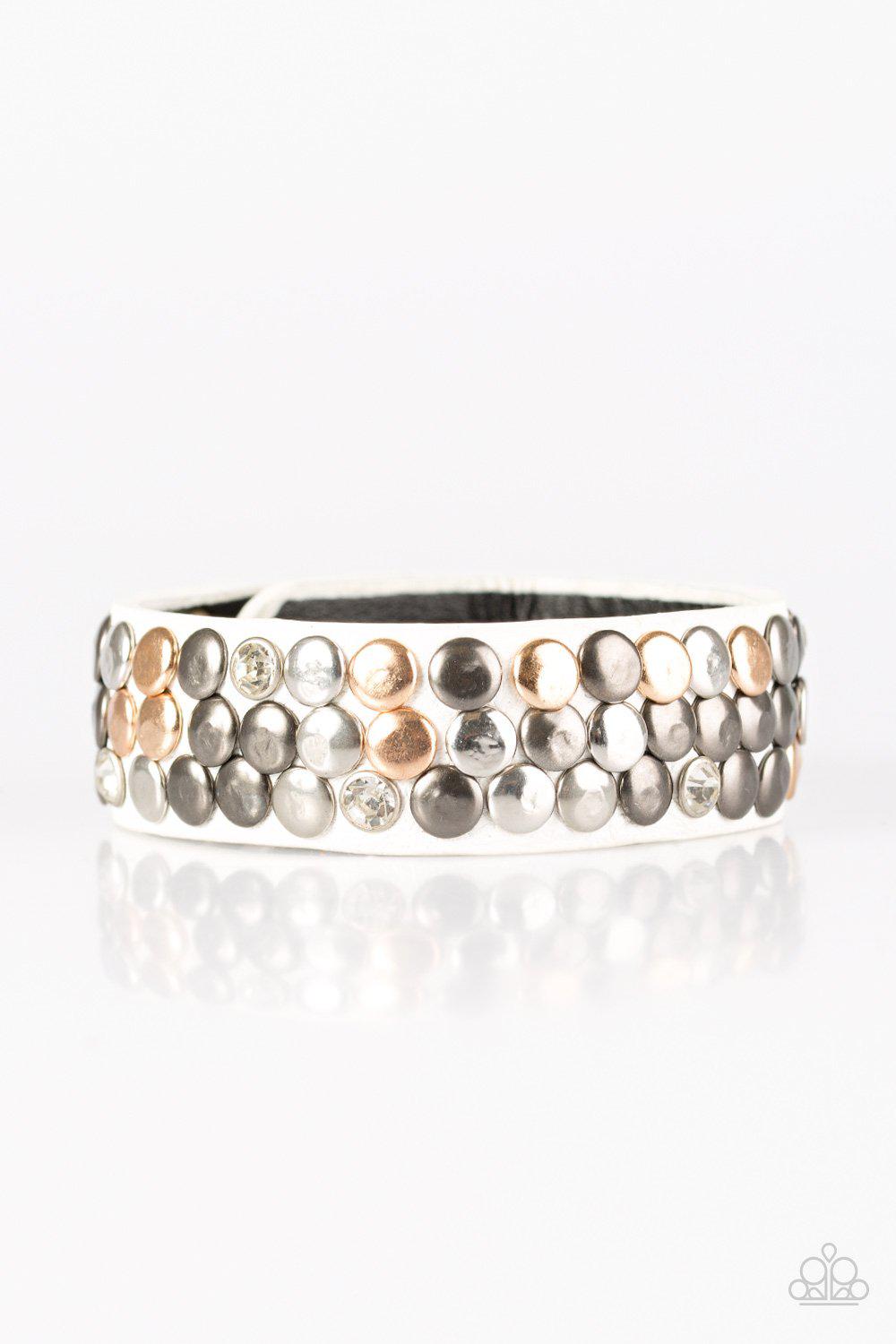 Don't Step On A Crack White Leather Urban Wrap Snap Bracelet - Paparazzi Accessories- lightbox - CarasShop.com - Paparazzi Jewelry by Cara Jewels