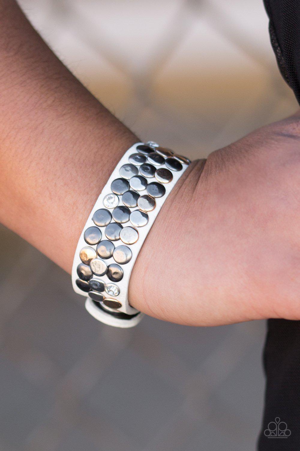Don't Step On A Crack White Leather Urban Wrap Snap Bracelet - Paparazzi Accessories- on model - CarasShop.com - Paparazzi Jewelry by Cara Jewels