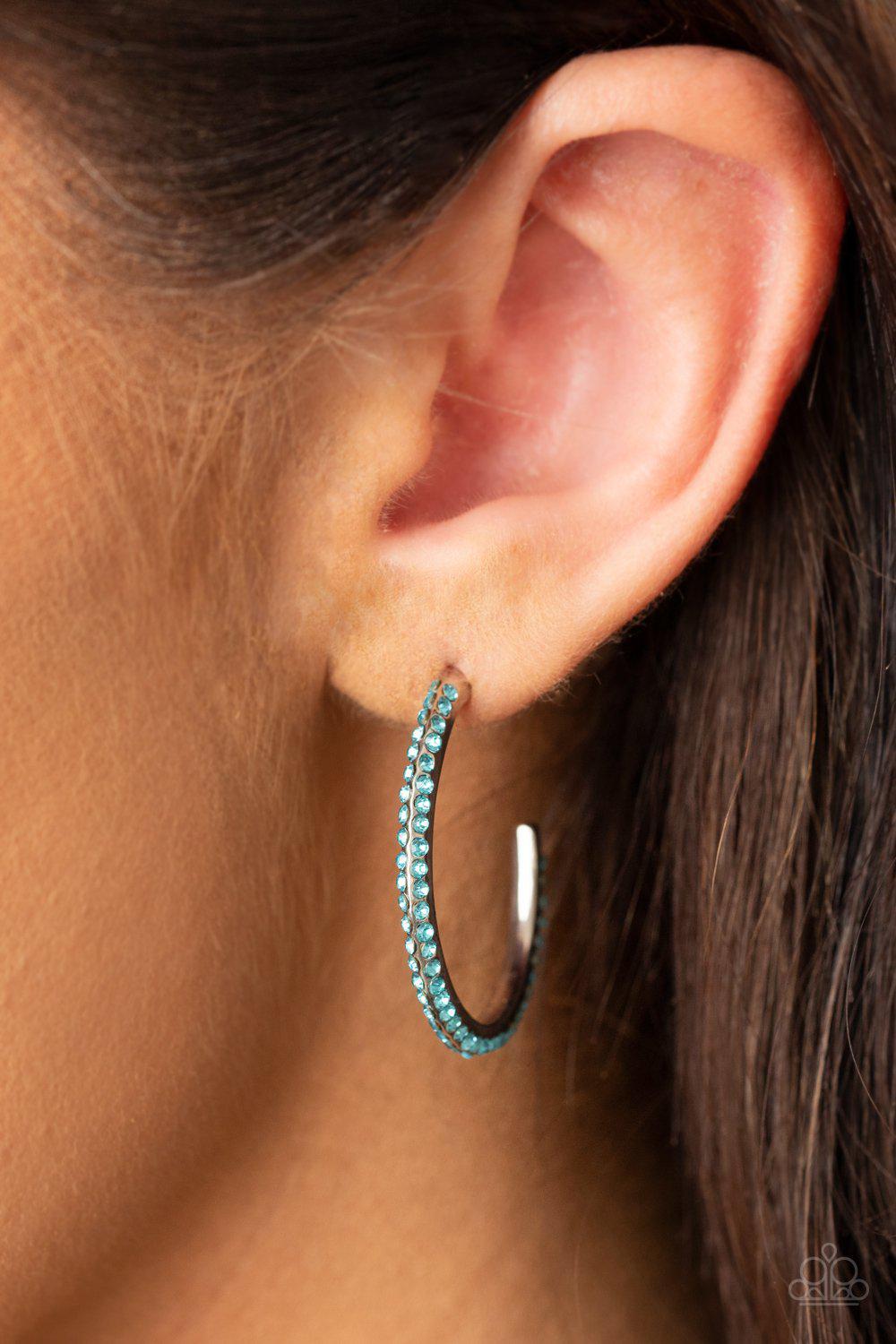 Don't Think Twice Blue Rhinestone Hoop Earrings - Paparazzi Accessories- on model - CarasShop.com - Paparazzi Jewelry by Cara Jewels