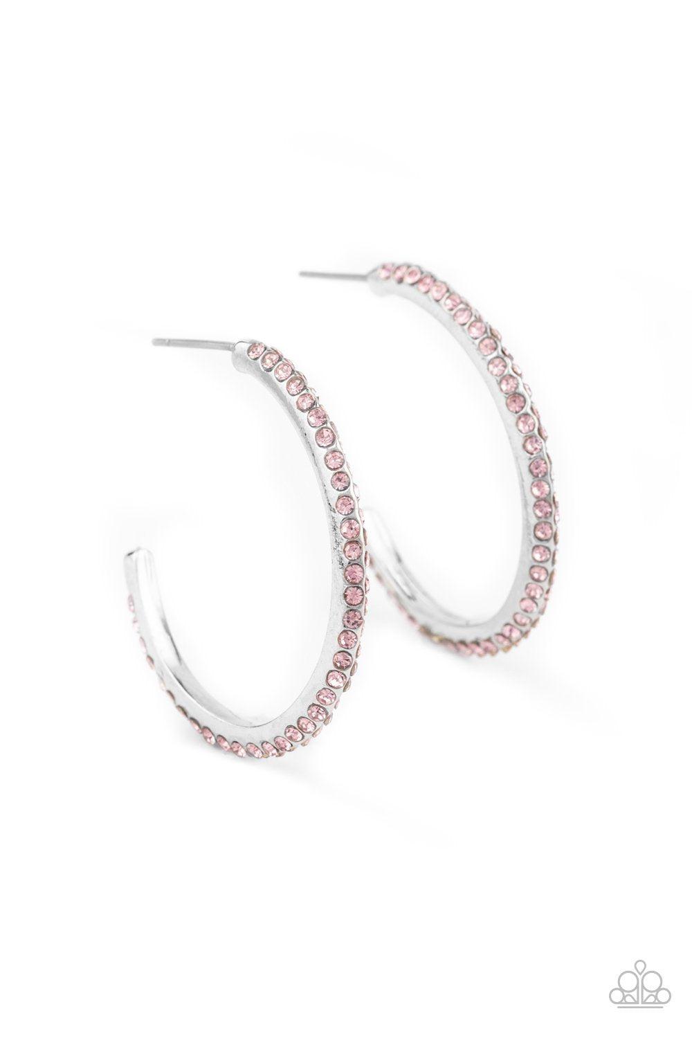 Don't Think Twice Pink Rhinestone Hoop Earrings - Paparazzi Accessories- lightbox - CarasShop.com - Paparazzi Jewelry by Cara Jewels