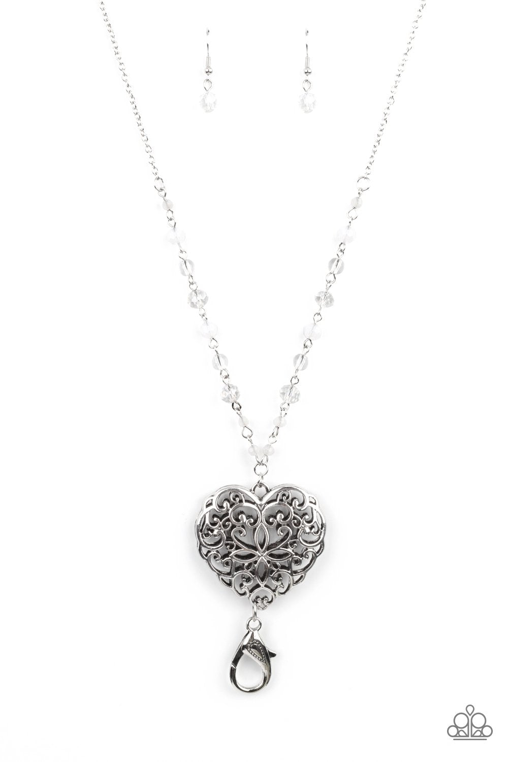 Doting Devotion White and Silver Filigree Heart Lanyard Necklace - Paparazzi Accessories- lightbox - CarasShop.com - Paparazzi Jewelry by Cara Jewels