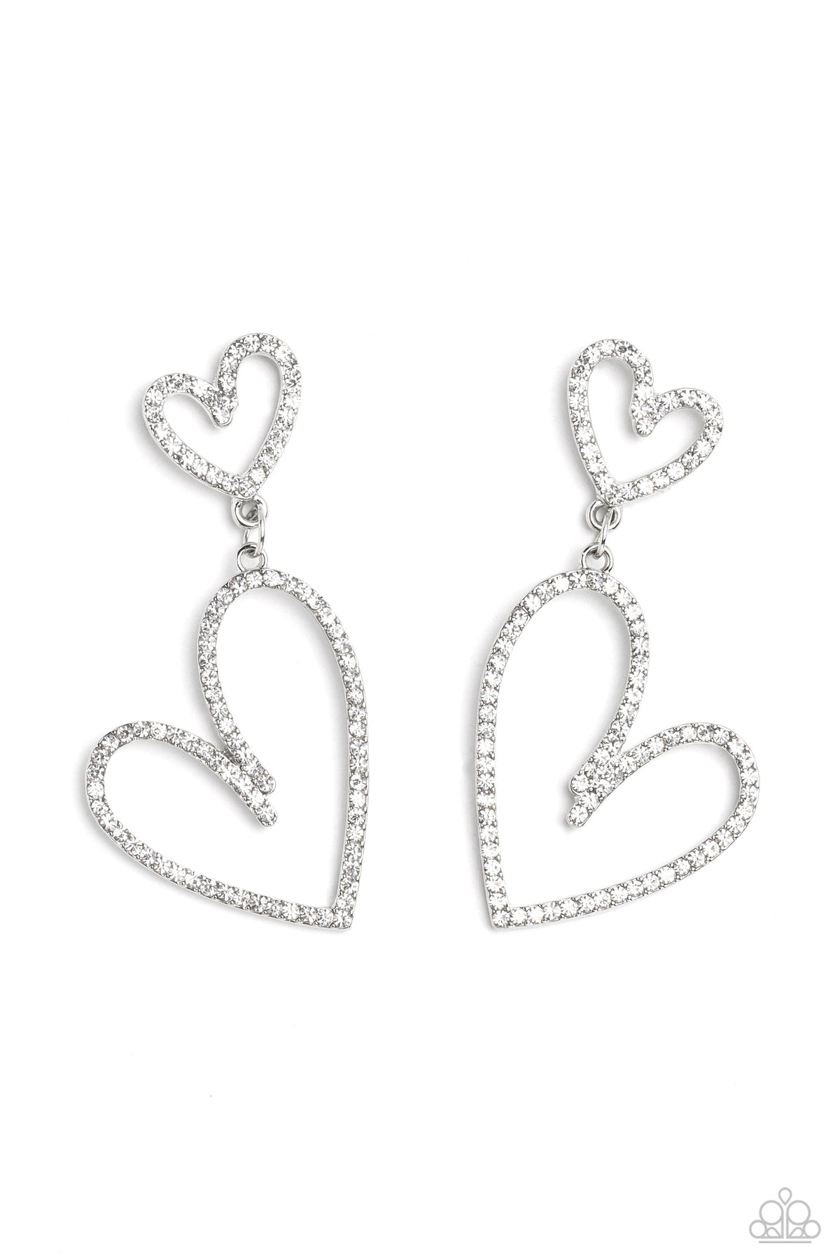 Doting Duo White Rhinestone Heart Earrings - Paparazzi Accessories- lightbox - CarasShop.com - Paparazzi Jewelry by Cara Jewels