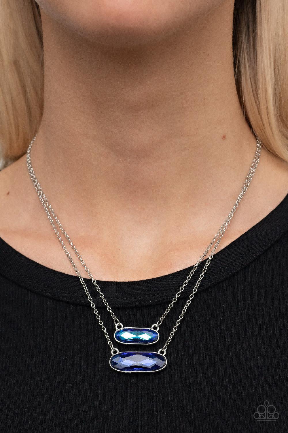 Double Bubble Burst Blue UV Shimmer Rhinestone Necklace - Paparazzi Accessories- on model - CarasShop.com - Paparazzi Jewelry by Cara Jewels