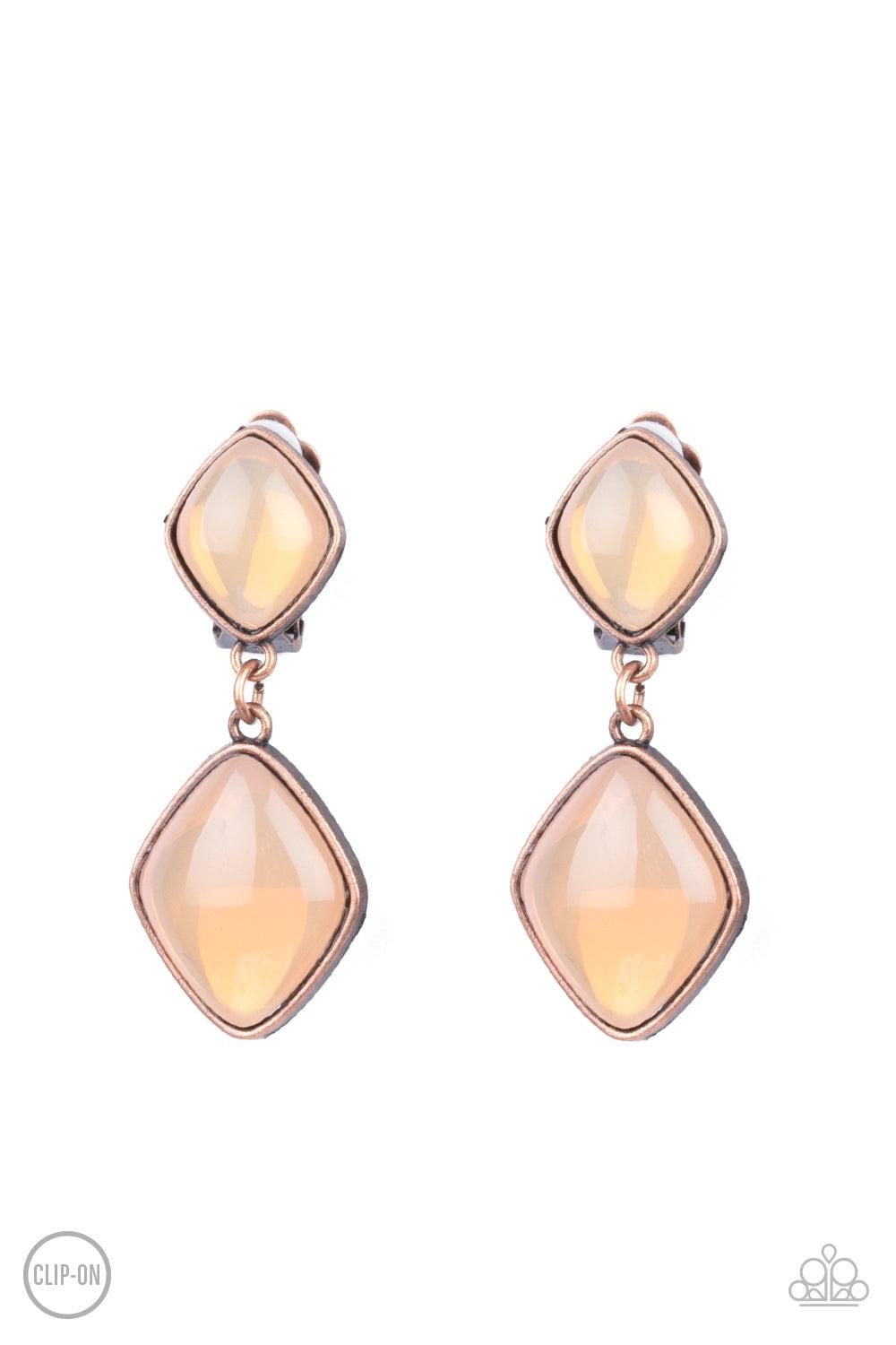 Double Dipping Diamonds Copper & Peach Opal Clip-On Earrings - Paparazzi Accessories- lightbox - CarasShop.com - Paparazzi Jewelry by Cara Jewels