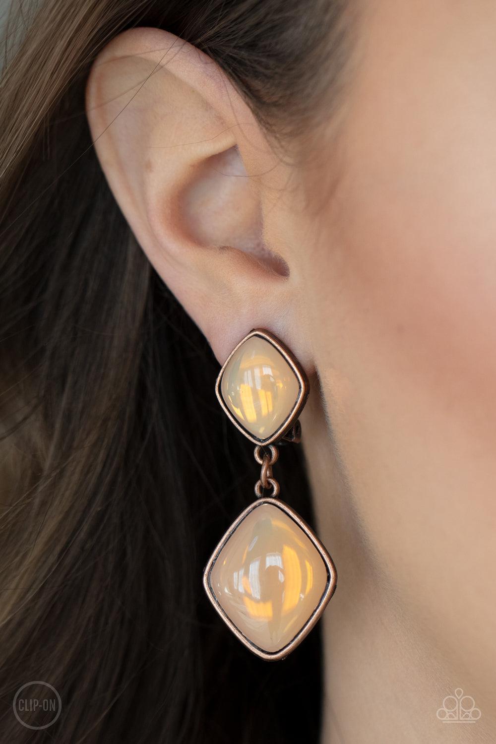 Double Dipping Diamonds Copper & Peach Opal Clip-On Earrings - Paparazzi Accessories- lightbox - CarasShop.com - Paparazzi Jewelry by Cara Jewels