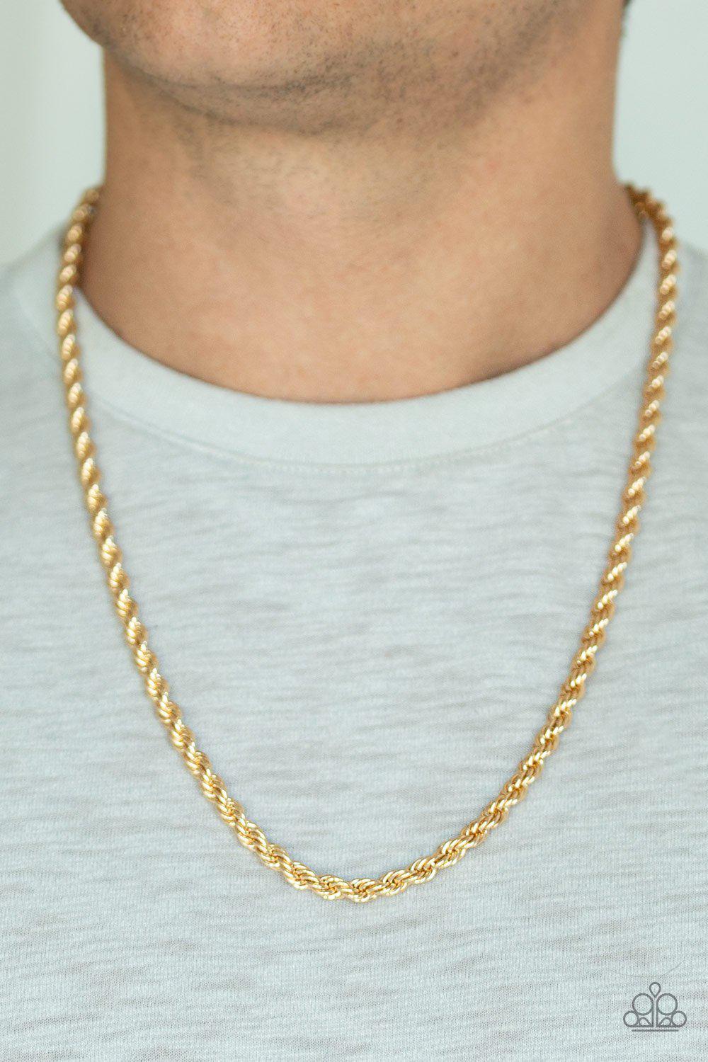 Double Dribble Men's Gold Chain Necklace - Paparazzi Accessories- on model - CarasShop.com - Paparazzi Jewelry by Cara Jewels