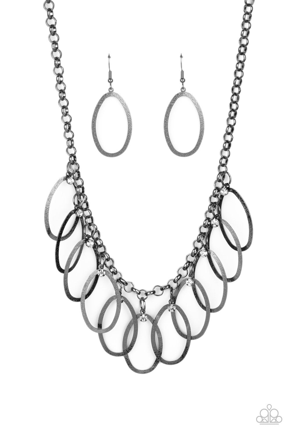 Double OVAL-time Gunmetal Black and White Rhinestone Necklace - Paparazzi Accessories- lightbox - CarasShop.com - Paparazzi Jewelry by Cara Jewels