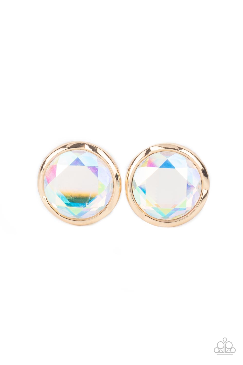 Double-Take Twinkle Gold Iridescent Rhinestone Earrings - Paparazzi Accessories- lightbox - CarasShop.com - Paparazzi Jewelry by Cara Jewels