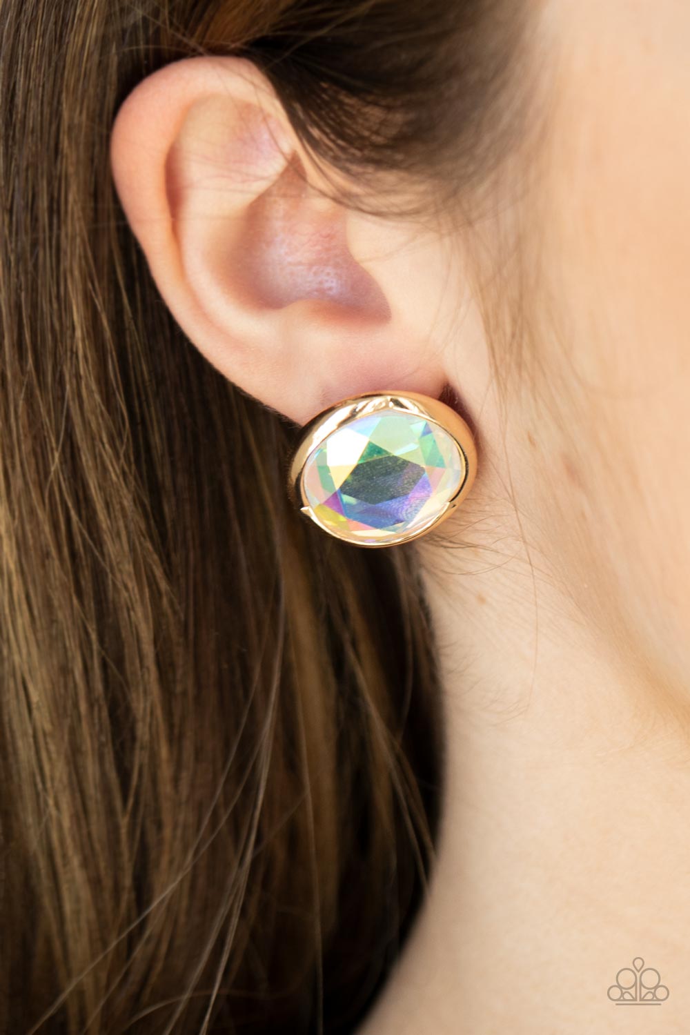 Double-Take Twinkle Gold Iridescent Rhinestone Earrings - Paparazzi Accessories- on model - CarasShop.com - Paparazzi Jewelry by Cara Jewels