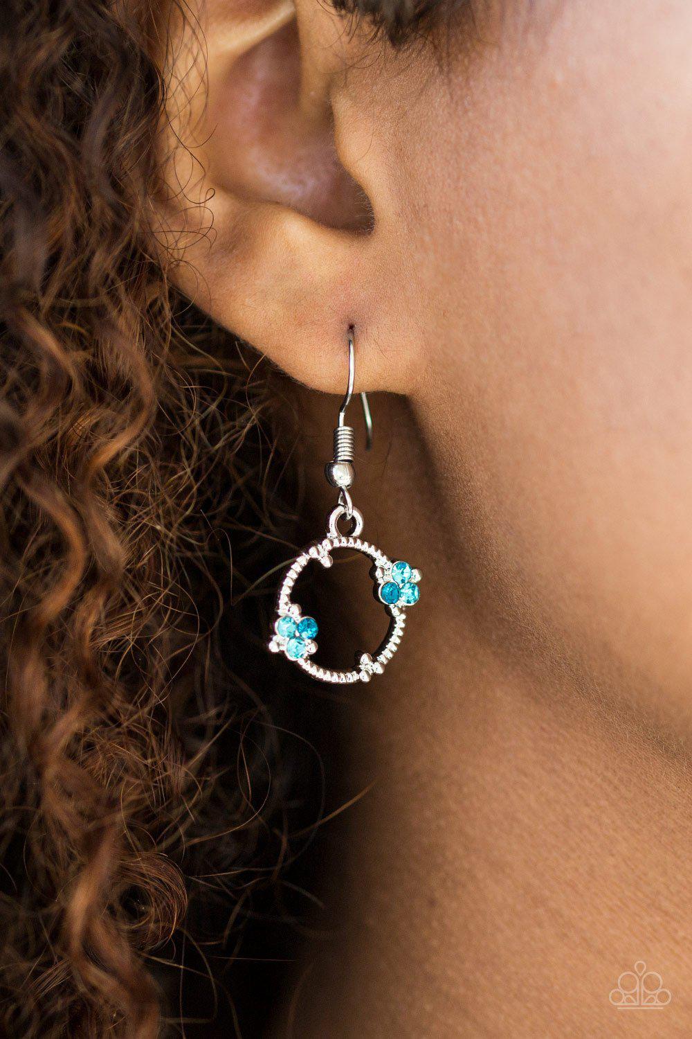 Double The Bubble Silver and Blue Gem Earrings - Paparazzi Accessories- on model - CarasShop.com - Paparazzi Jewelry by Cara Jewels