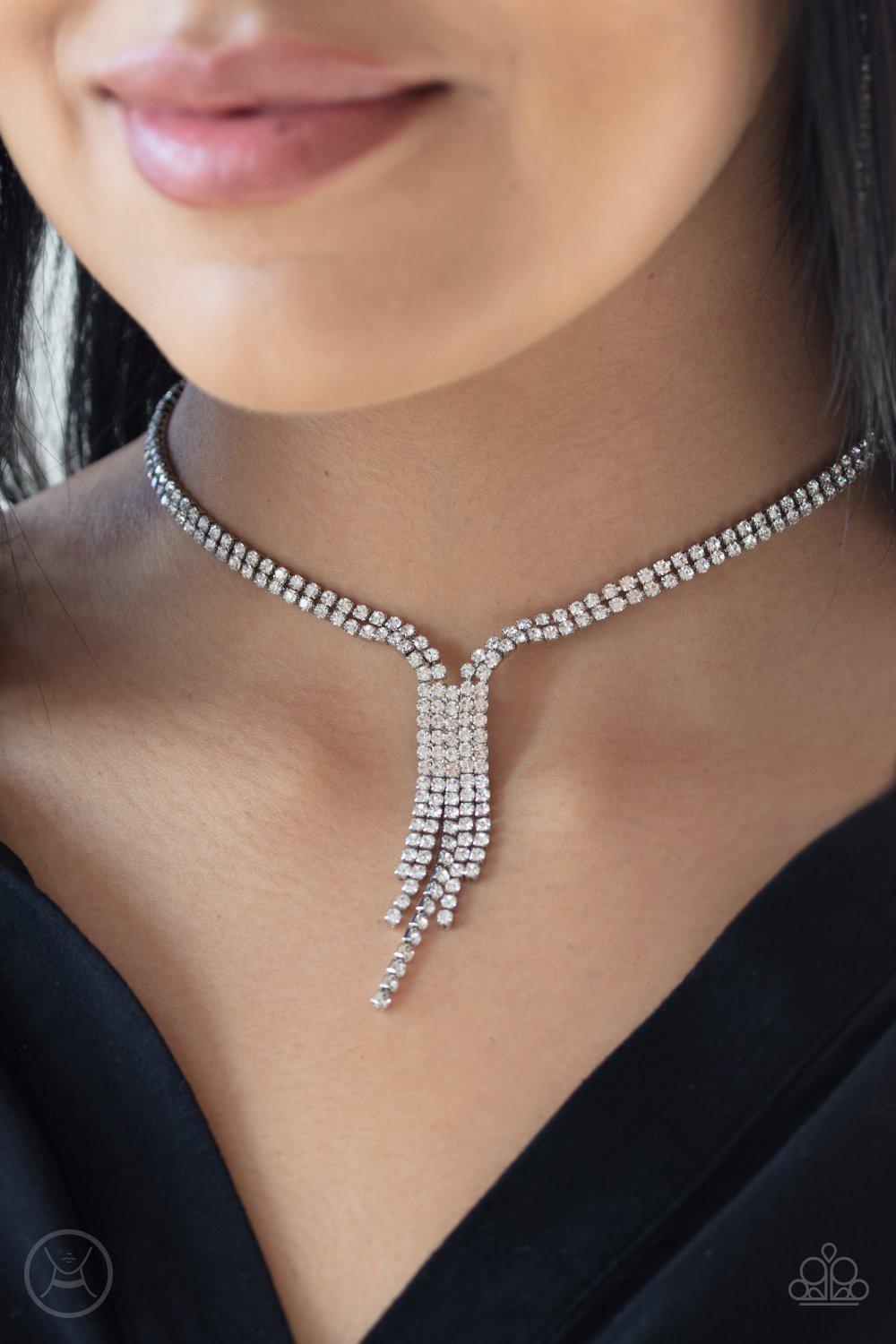 Double the Diva White Rhinestone Choker Necklace - Paparazzi Accessories- on model - CarasShop.com - Paparazzi Jewelry by Cara Jewels