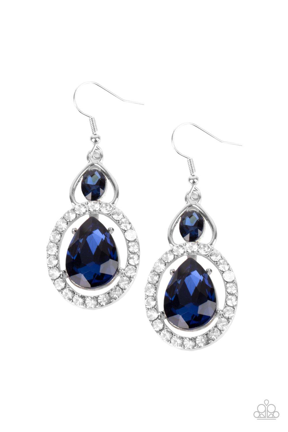 Double The Drama Blue and White Rhinestone Earrings - Paparazzi Accessories- lightbox - CarasShop.com - Paparazzi Jewelry by Cara Jewels