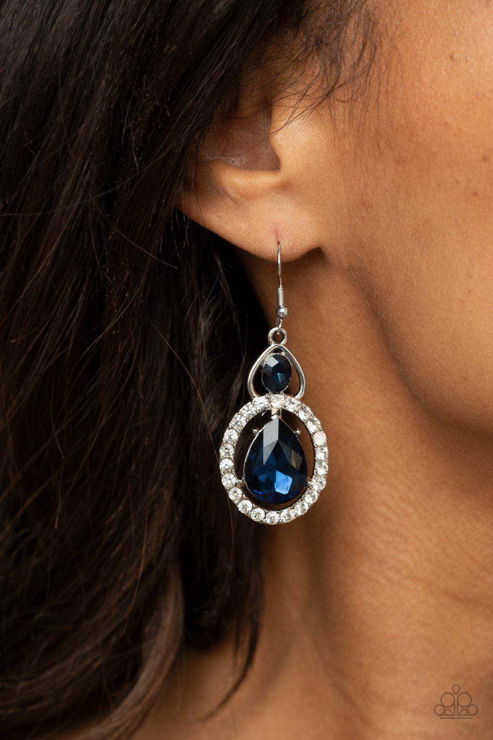Double The Drama Blue and White Rhinestone Earrings - Paparazzi Accessories- on model - CarasShop.com - Paparazzi Jewelry by Cara Jewels