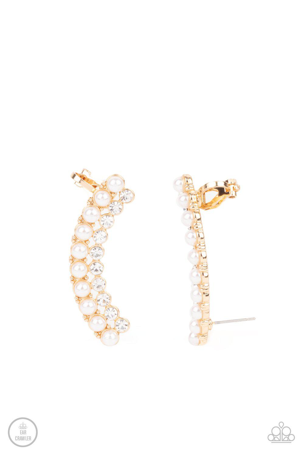 Doubled Down On Dazzle Gold and White Pearl Ear Crawler Earrings - Paparazzi Accessories- lightbox - CarasShop.com - Paparazzi Jewelry by Cara Jewels