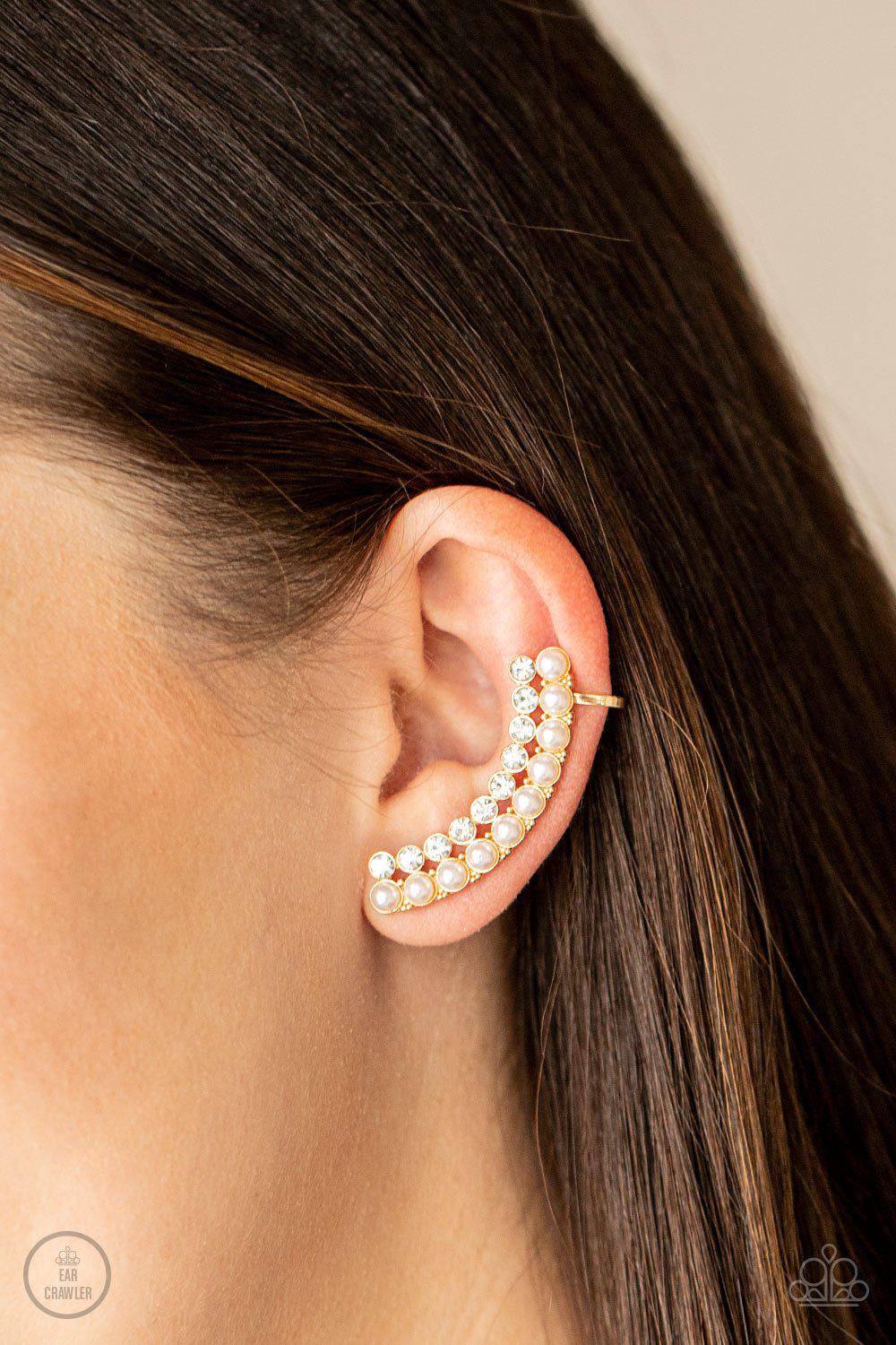Doubled Down On Dazzle Gold and White Pearl Ear Crawler Earrings - Paparazzi Accessories- on model - CarasShop.com - Paparazzi Jewelry by Cara Jewels