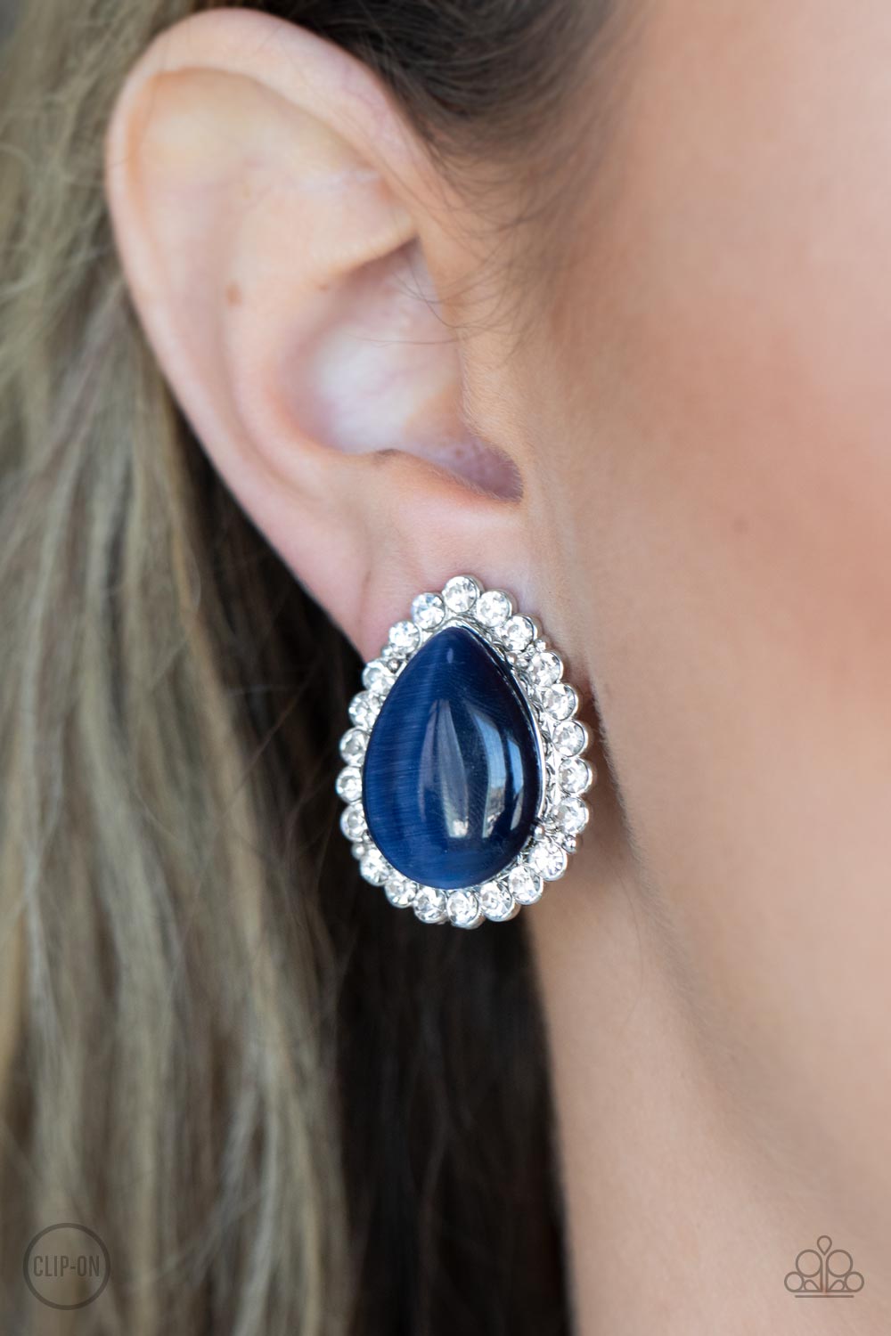 Downright Demure Blue Cat's Eye Stone Clip-On Earrings - Paparazzi Accessories- lightbox - CarasShop.com - Paparazzi Jewelry by Cara Jewels