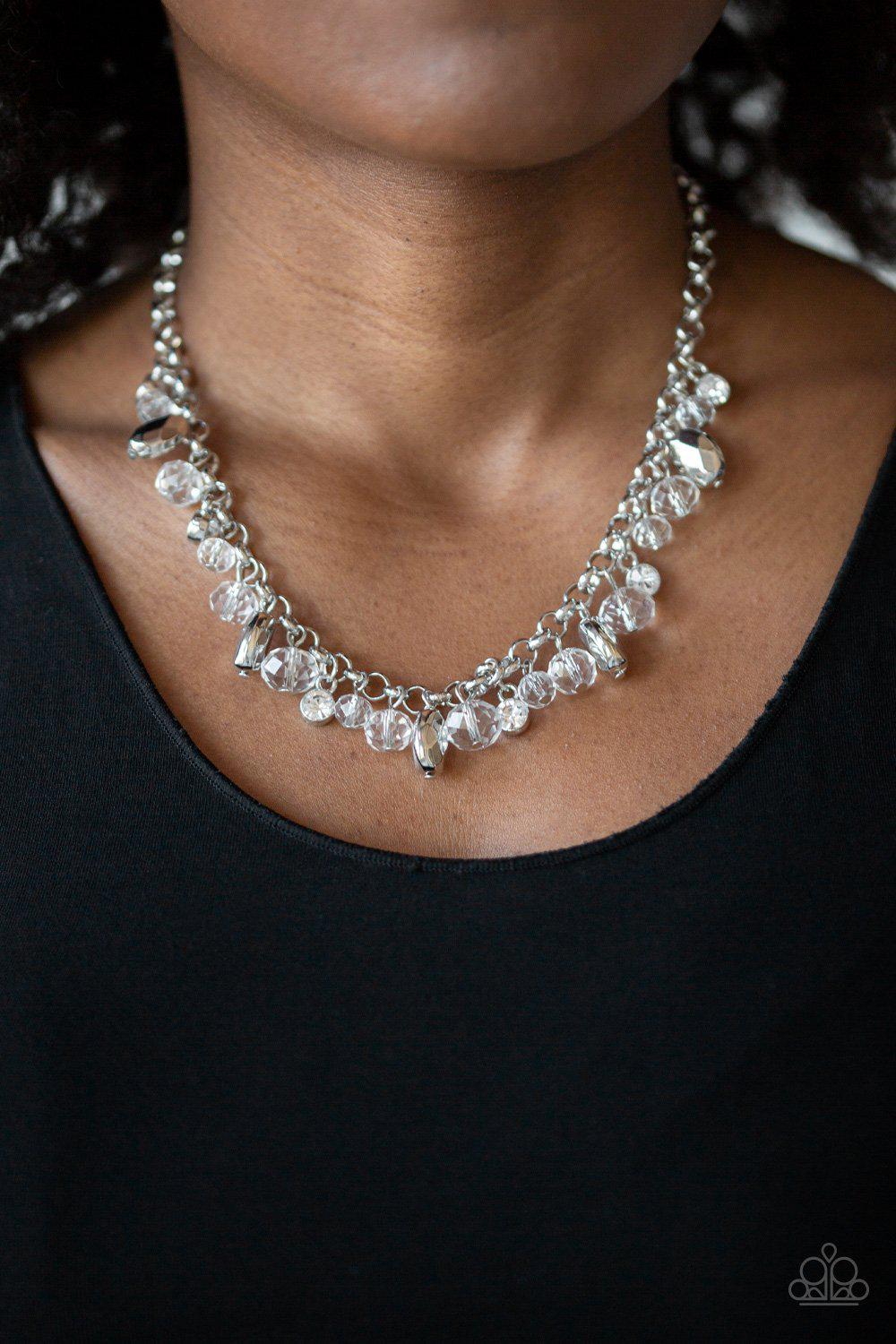 Downstage Dazzle White Necklace - Paparazzi Accessories- on model - CarasShop.com - Paparazzi Jewelry by Cara Jewels