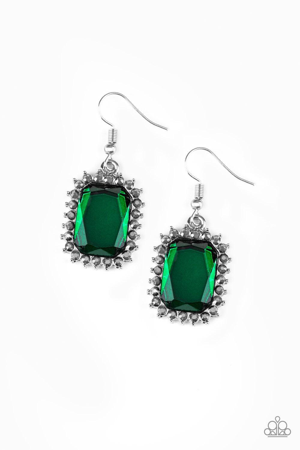 Downtown Dapper Green Rhinestone Earrings - Paparazzi Accessories- lightbox - CarasShop.com - Paparazzi Jewelry by Cara Jewels