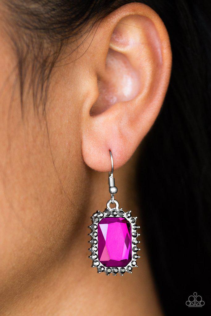 Downtown Dapper Hot Pink Rhinestone Earrings - Paparazzi Accessories- on model - CarasShop.com - Paparazzi Jewelry by Cara Jewels