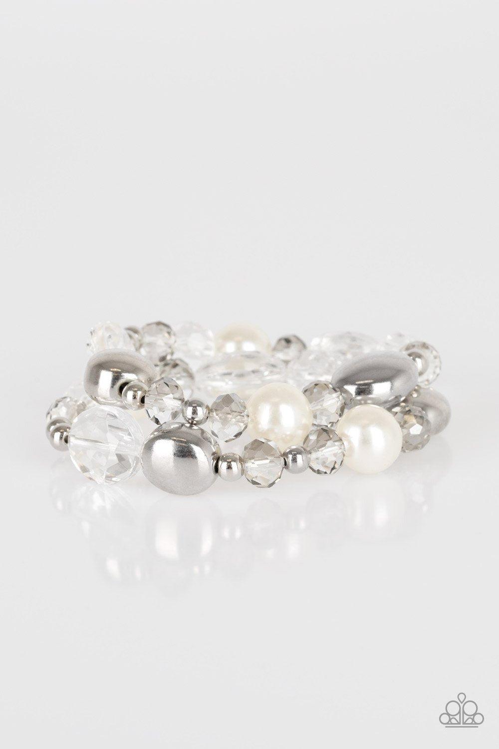 Downtown Dazzle Silver and White Bracelet Set - Paparazzi Accessories- lightbox - CarasShop.com - Paparazzi Jewelry by Cara Jewels