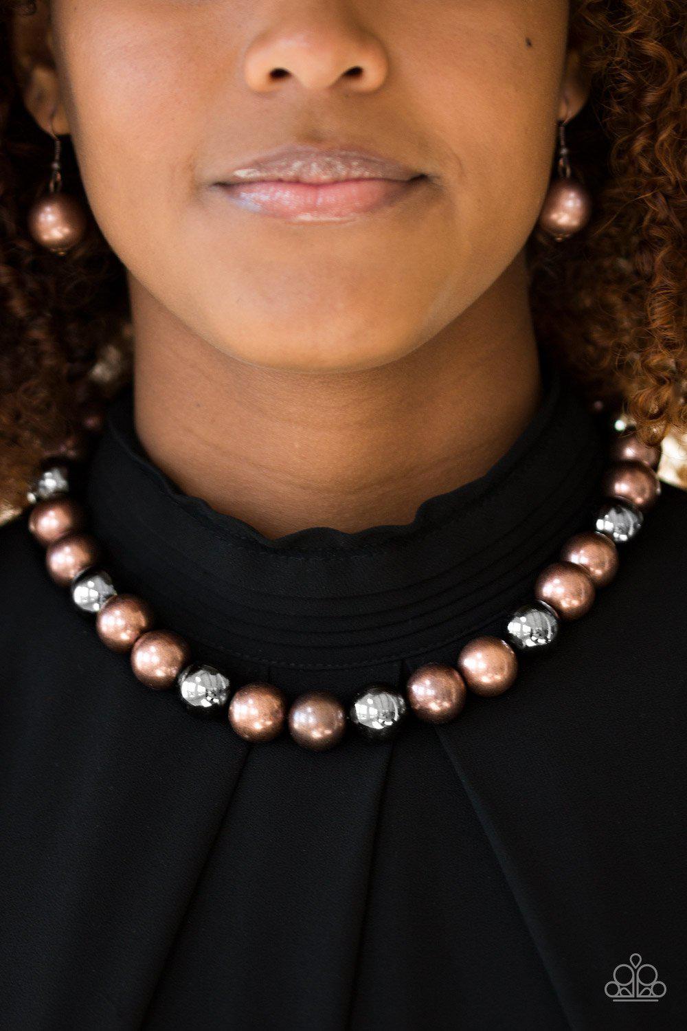 Downtown Drama Gunmetal and Copper Pearl Necklace - Paparazzi Accessories- on model - CarasShop.com - Paparazzi Jewelry by Cara Jewels