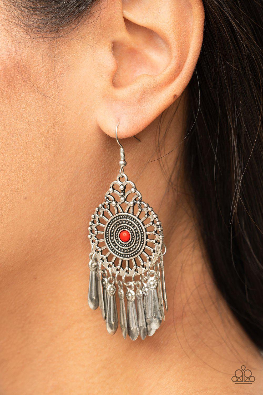 Dream a Little DREAMCATCHER Red and Silver Earrings - Paparazzi Accessories- on model - CarasShop.com - Paparazzi Jewelry by Cara Jewels