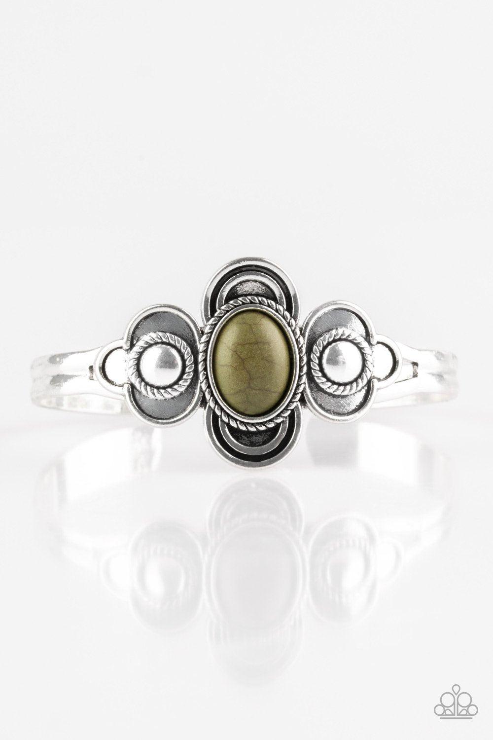 Dream COWGIRL Green Stone and Silver Cuff Bracelet - Paparazzi Accessories- lightbox - CarasShop.com - Paparazzi Jewelry by Cara Jewels