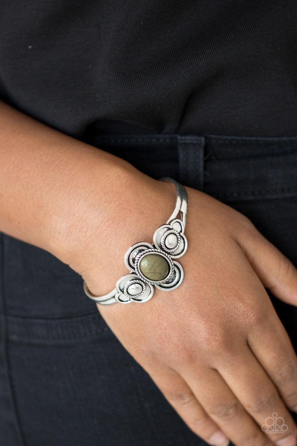 Dream COWGIRL Green Stone and Silver Cuff Bracelet - Paparazzi Accessories- on model - CarasShop.com - Paparazzi Jewelry by Cara Jewels