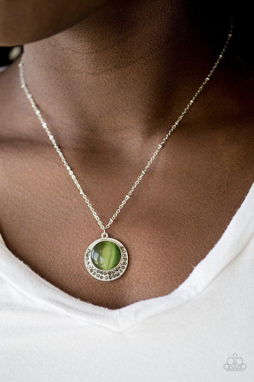 Dream Girl Glow Green Moonstone Necklace and matching Earrings - Paparazzi Accessories- on model - CarasShop.com - Paparazzi Jewelry by Cara Jewels