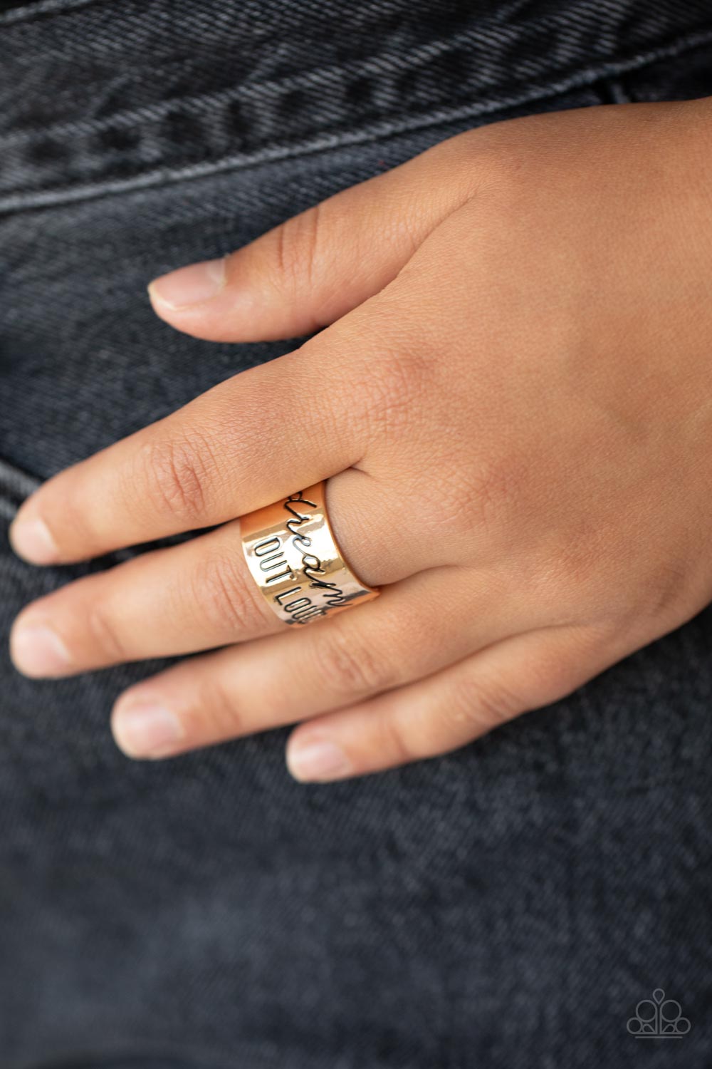 Dream Louder Gold Ring - Paparazzi Accessories- on model - CarasShop.com - Paparazzi Jewelry by Cara Jewels