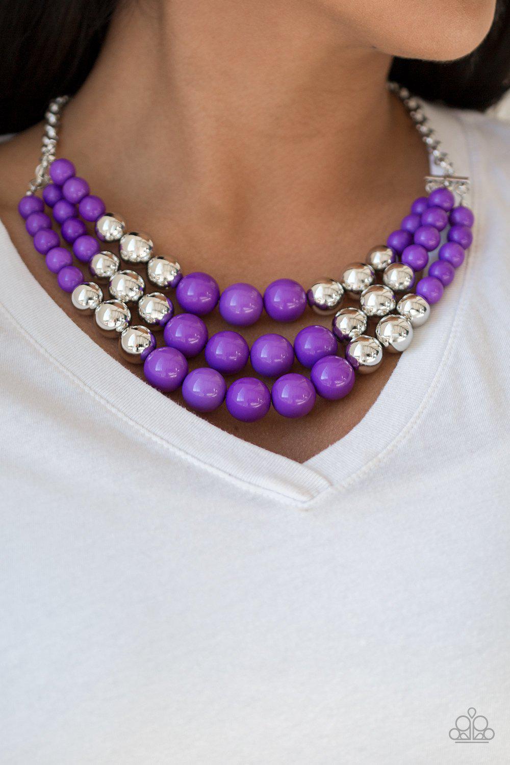 Dream Pop Purple and Silver Necklace and matching Earrings - Paparazzi Accessories- on model - CarasShop.com - Paparazzi Jewelry by Cara Jewels